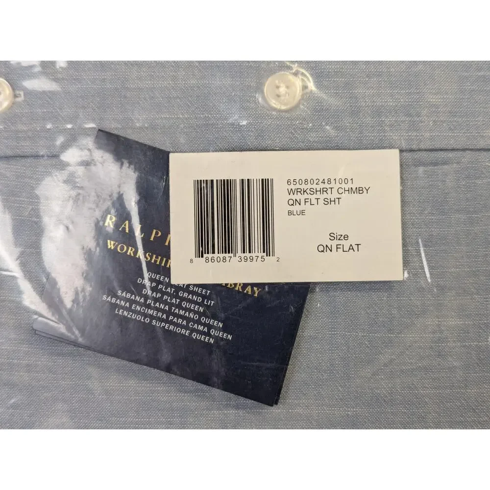 New Ralph Lauren Queen Flat Sheet Workshirt Chambray Blue Preppy Cotton Classic